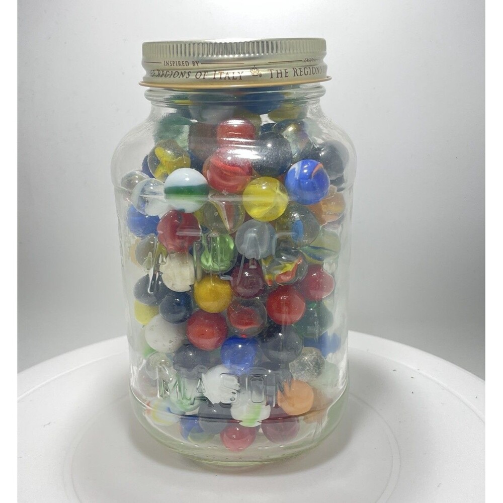 Vtg Glass Marbles Lot in Atlas Mason Jar Mixed Colors Swirls Bulk Common #05